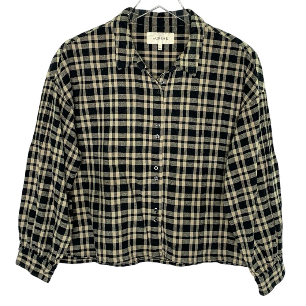 THE GREAT. Black and Cream Plaid Button-Down Shirt
